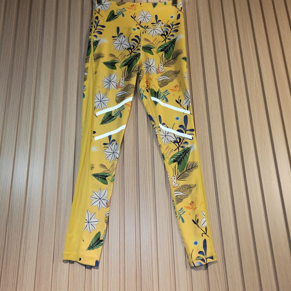 Zyia Active Leggings Womens 2 Yellow Floral Mesh Reflective Activewear Excellent